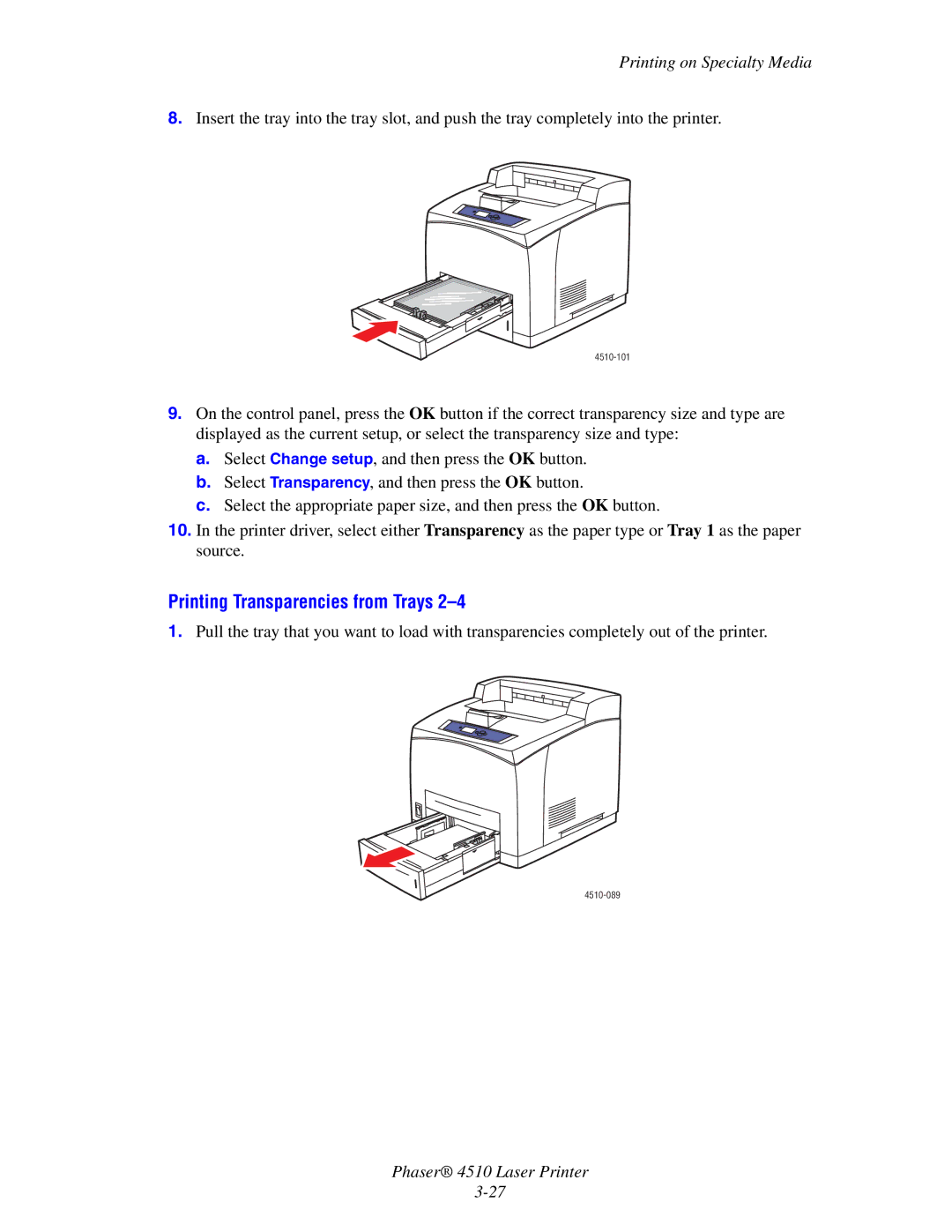 Xerox 4510 manual Printing Transparencies from Trays 