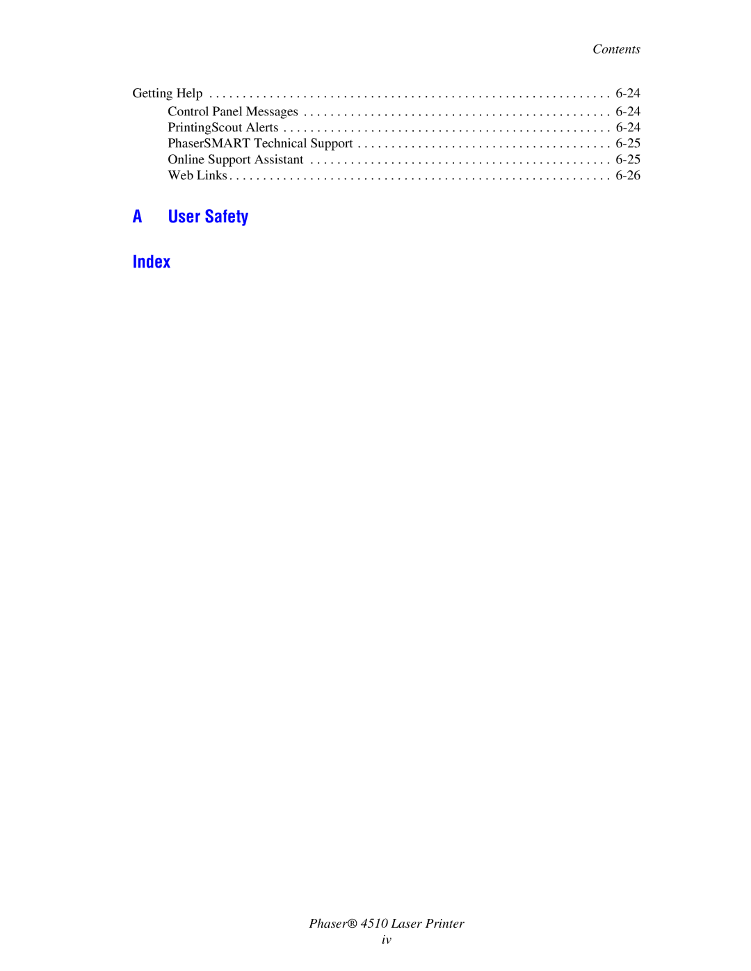 Xerox 4510 manual User Safety Index 