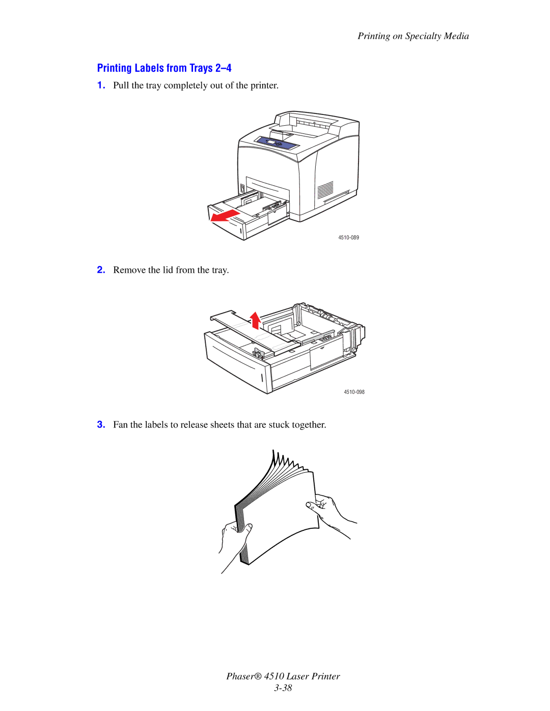 Xerox 4510 manual Printing Labels from Trays, Fan the labels to release sheets that are stuck together 