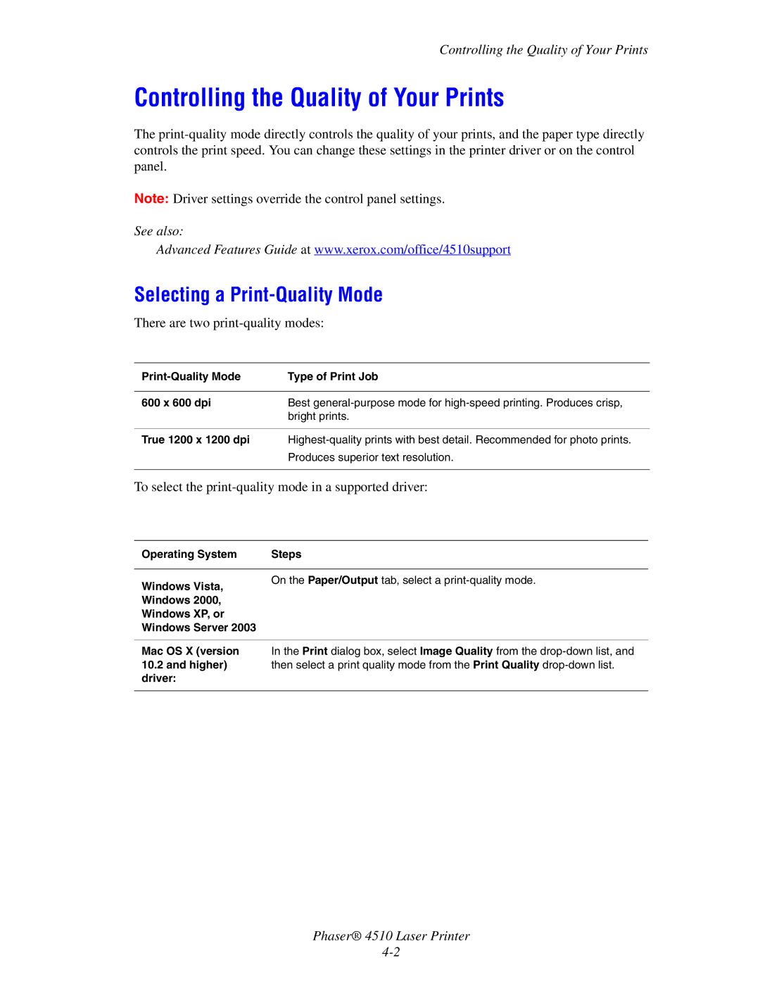 Xerox 4510 manual Controlling the Quality of Your Prints, Selecting a Print-Quality Mode, There are two print-quality modes 