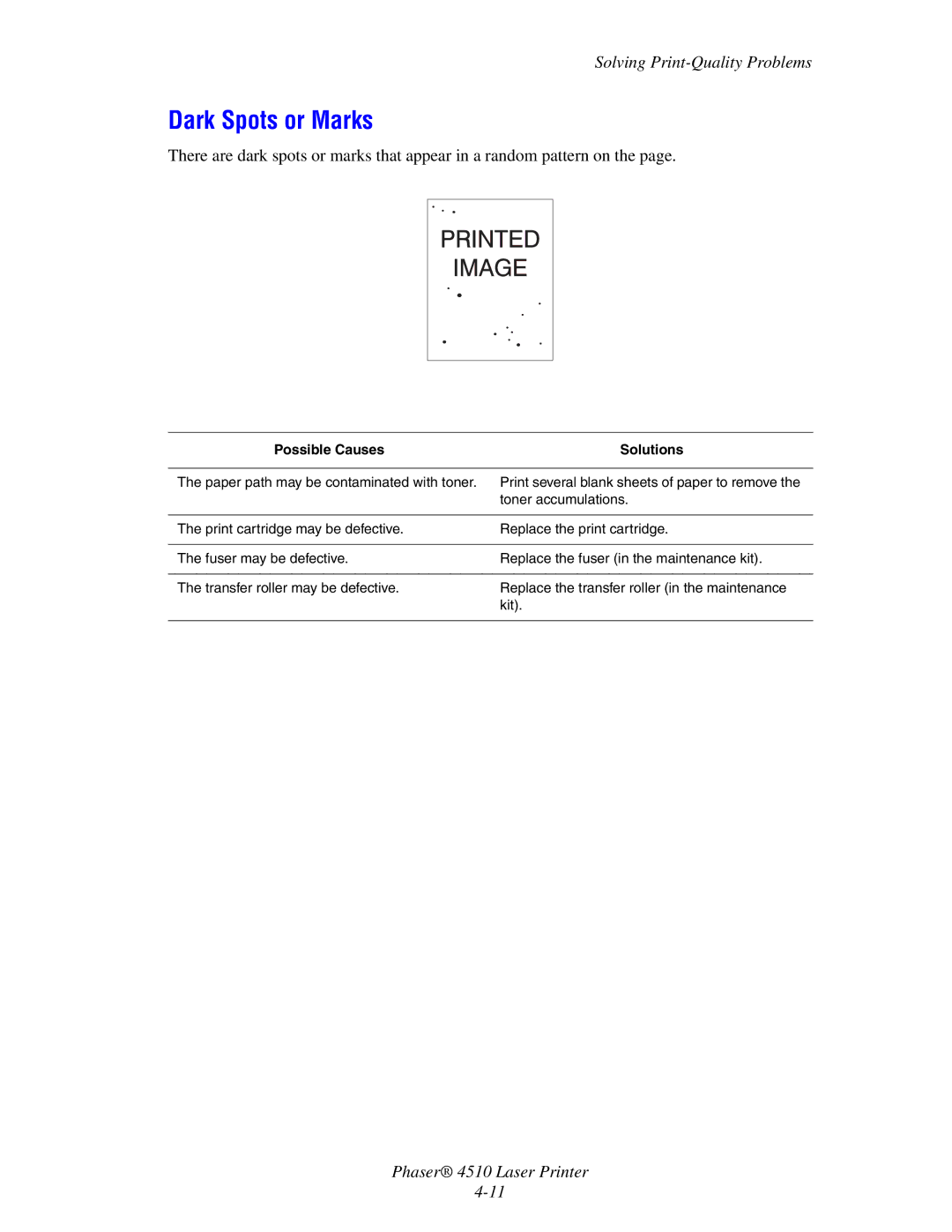 Xerox 4510 manual Dark Spots or Marks 