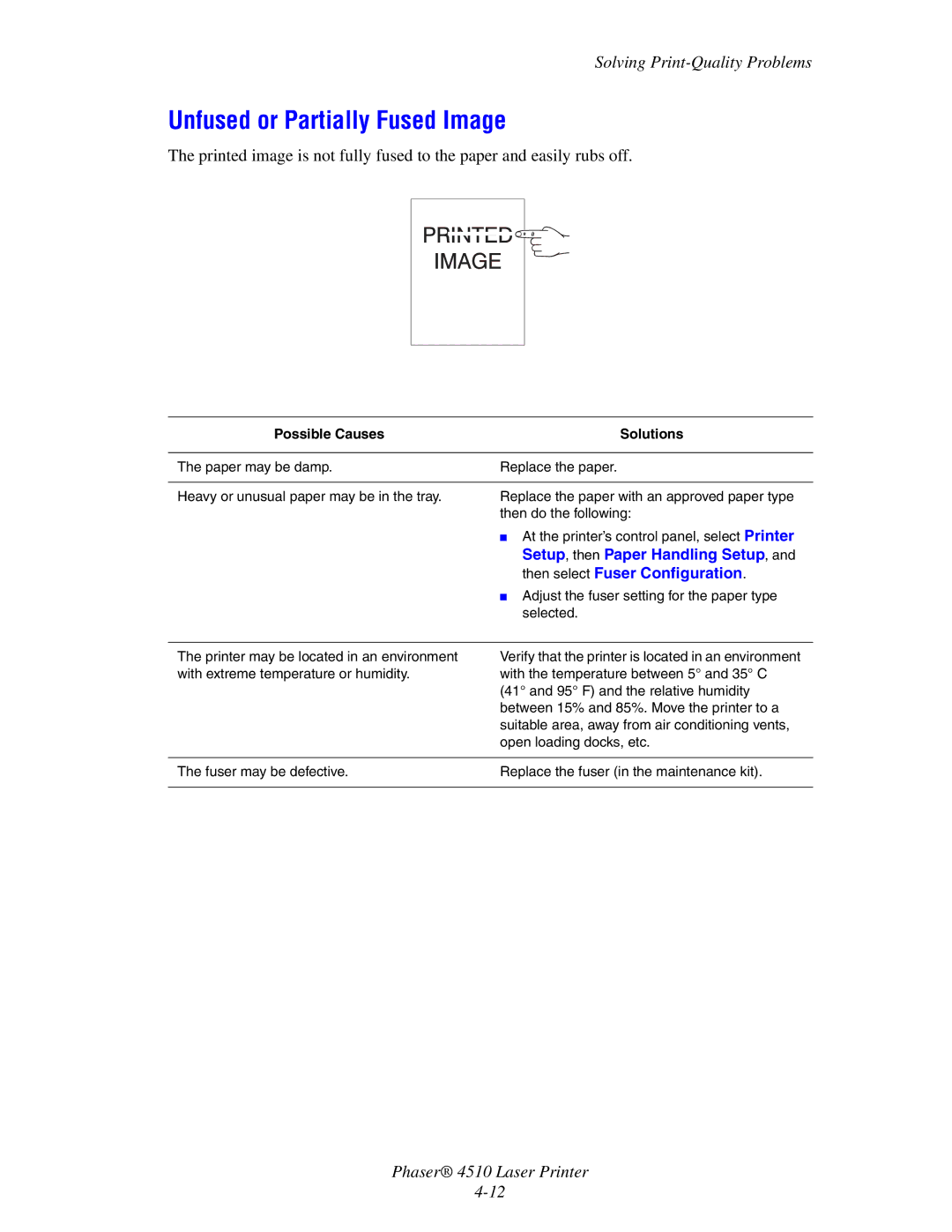 Xerox 4510 manual Unfused or Partially Fused Image, Then select Fuser Configuration 