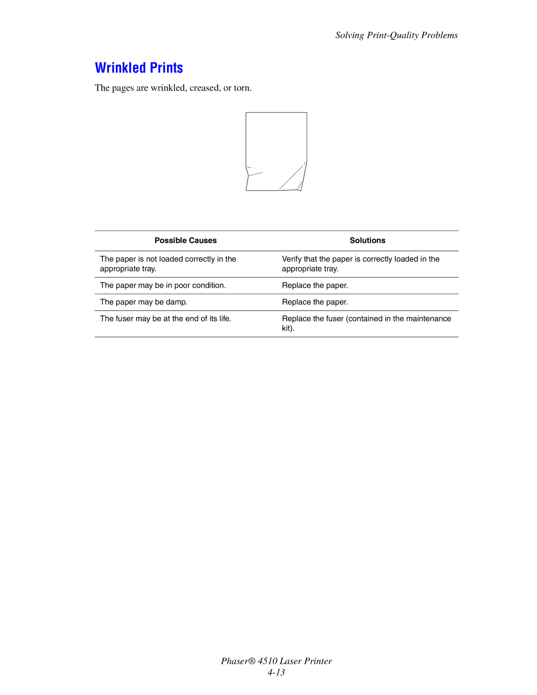 Xerox 4510 manual Wrinkled Prints, Pages are wrinkled, creased, or torn 