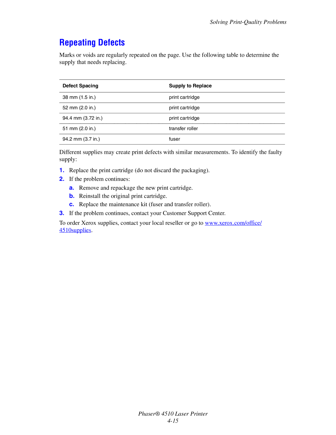 Xerox 4510 manual Repeating Defects, Defect Spacing Supply to Replace 