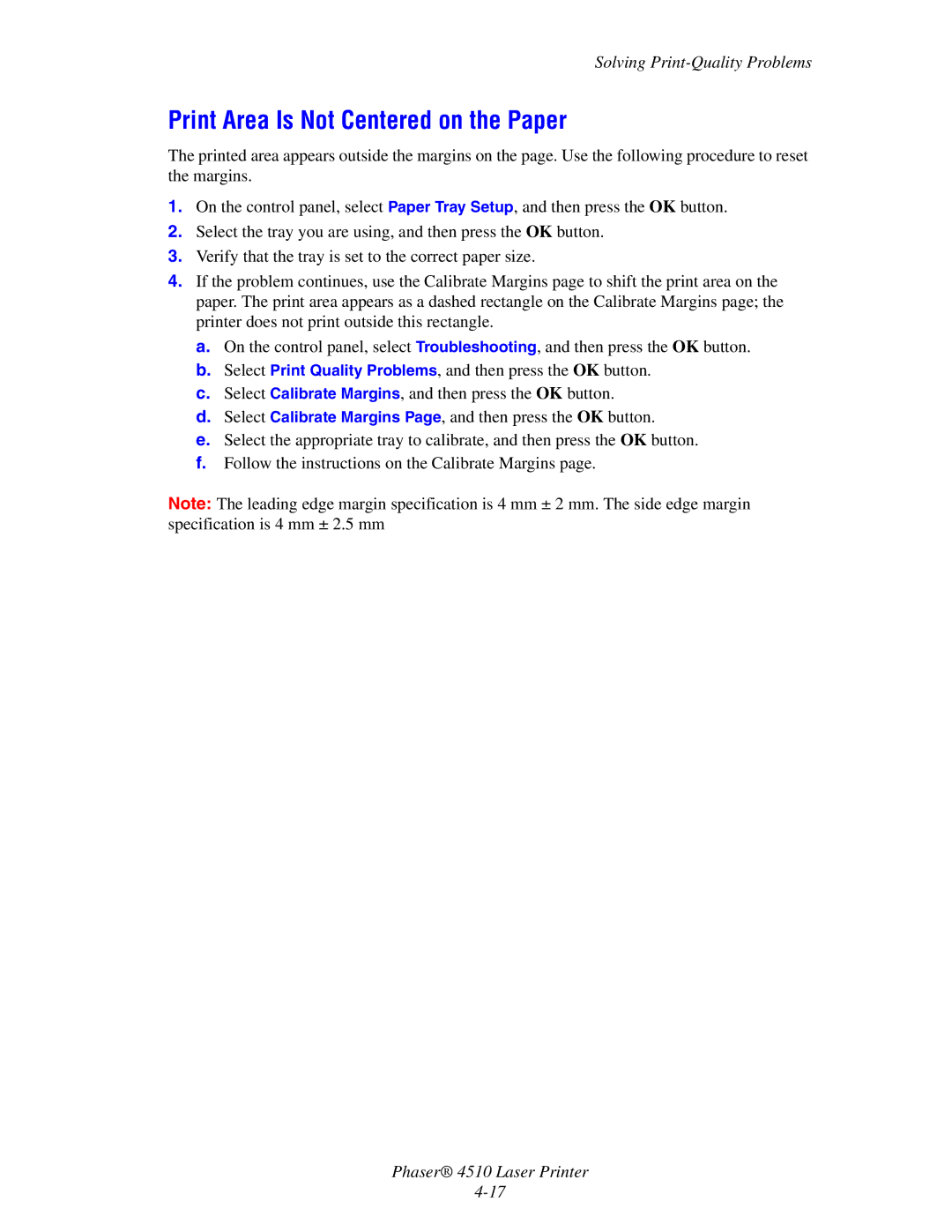 Xerox 4510 manual Print Area Is Not Centered on the Paper 