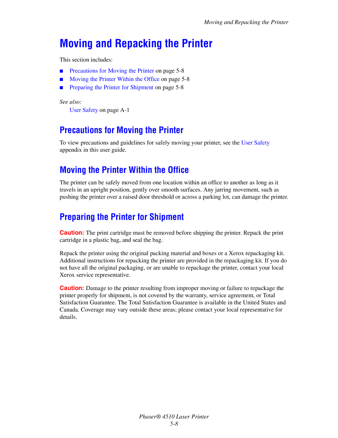 Xerox 4510 Moving and Repacking the Printer, Precautions for Moving the Printer, Moving the Printer Within the Office 