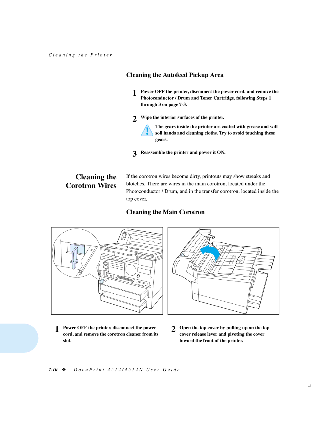 Xerox 4512N manual Cleaning the Autofeed Pickup Area, Cleaning the Main Corotron 