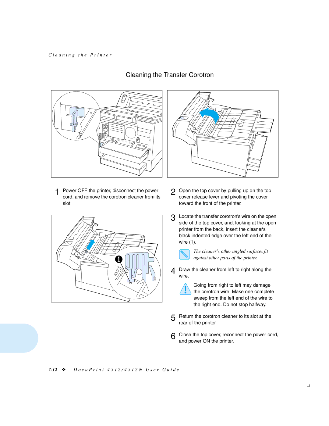 Xerox 4512N manual Cleaning the Transfer Corotron, Against other parts of the printer 