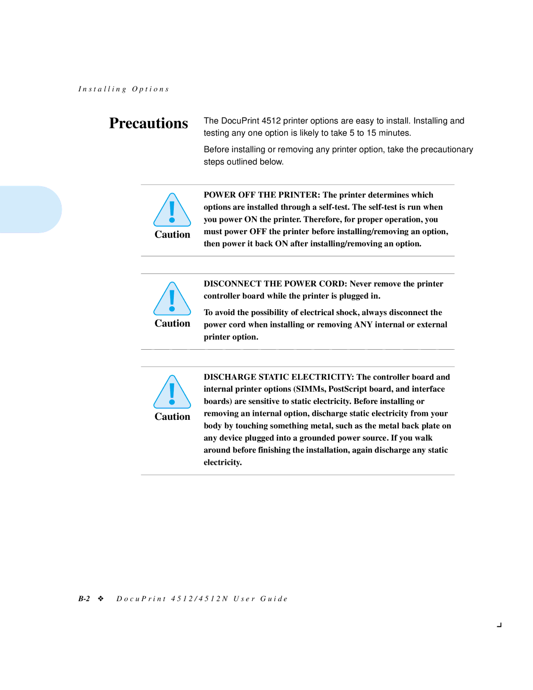 Xerox 4512N manual Precautions 