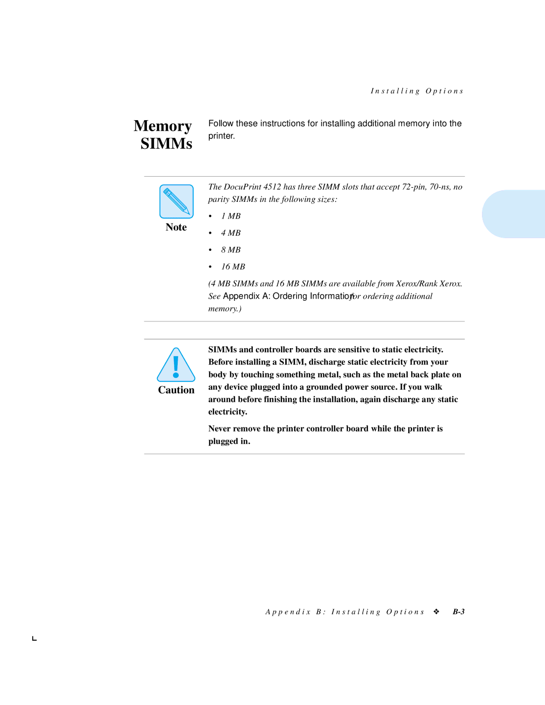 Xerox 4512N manual Memory SIMMs 