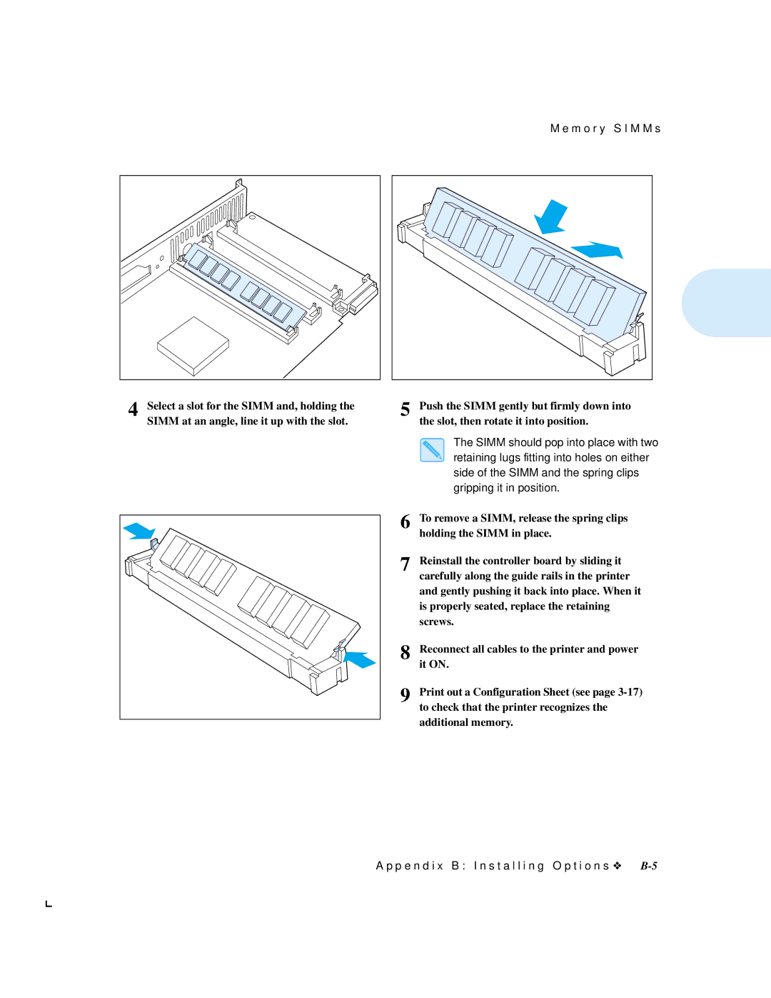 Xerox 4512N manual To remove a SIMM, release the spring clips 