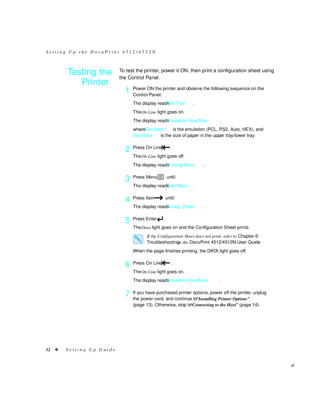 Xerox 4512N manual Testing the Printer, Press Enter 