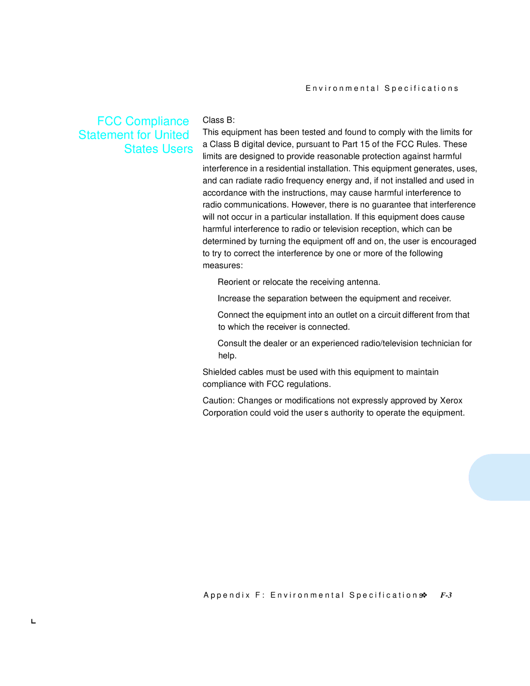 Xerox 4512N manual FCC Compliance Statement for United States Users, Class B 