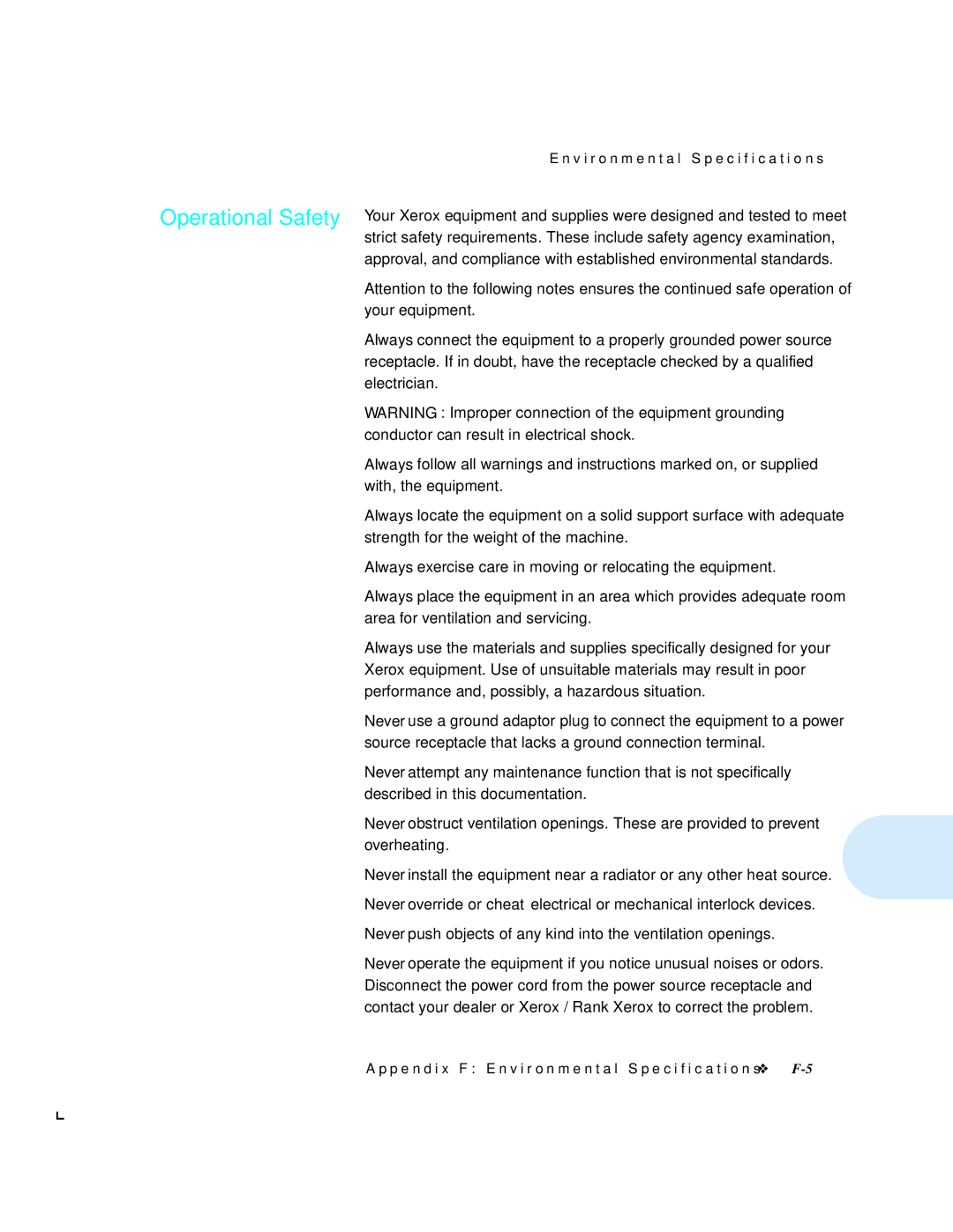 Xerox 4512N manual Operational Safety 