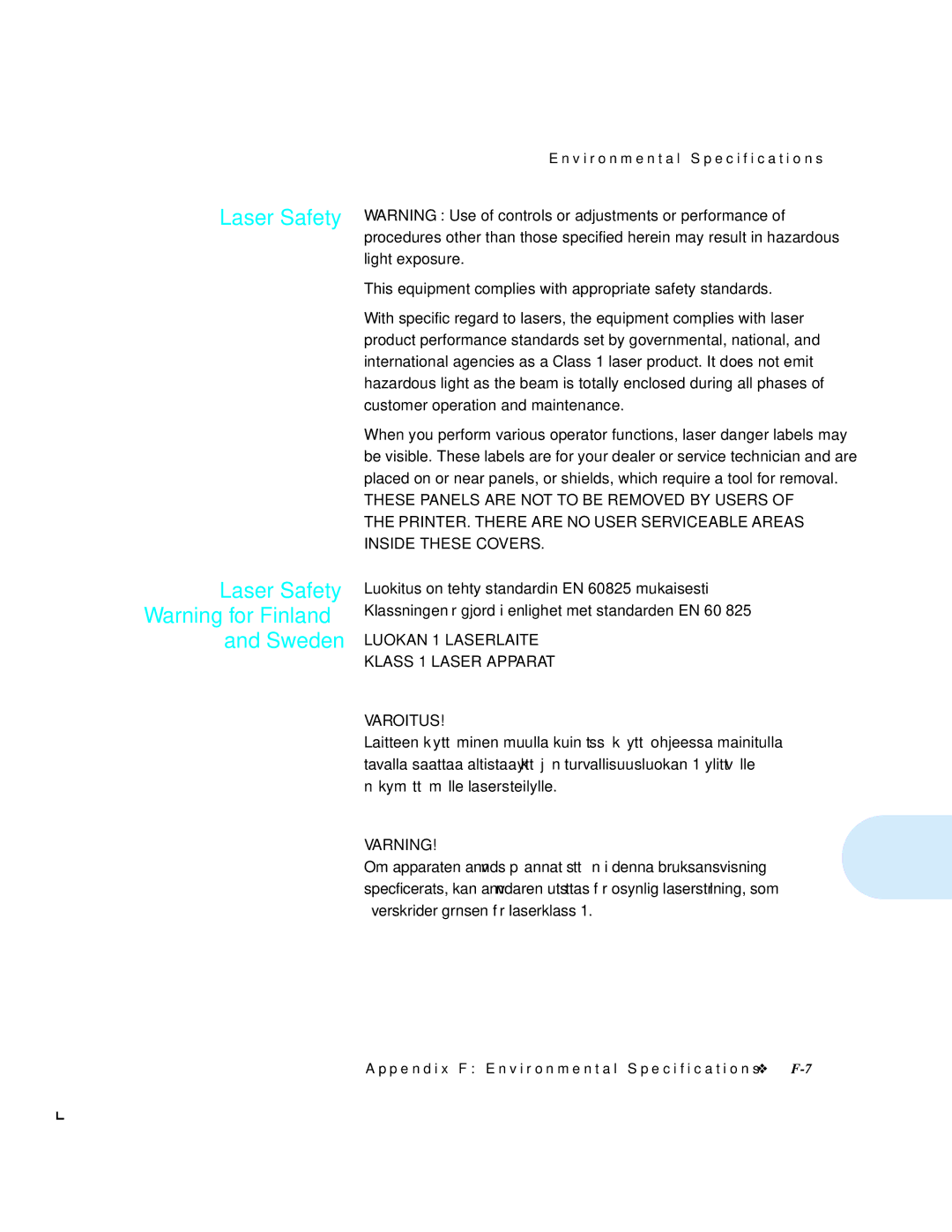 Xerox 4512N manual Laser Safety Laser Safety Warning for Finland and Sweden 