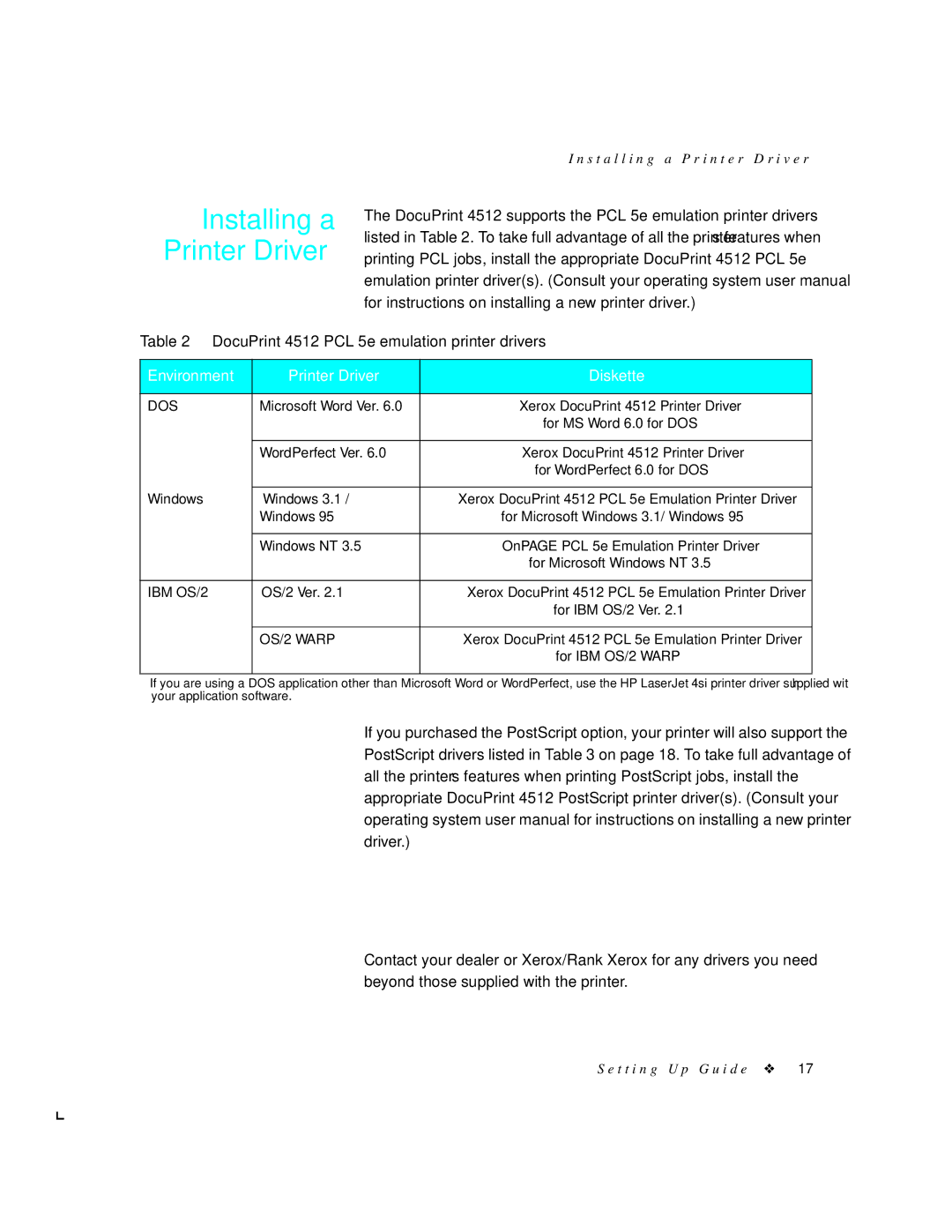 Xerox 4512N manual Installing a Printer Driver, DocuPrint 4512 PCL 5e emulation printer drivers 