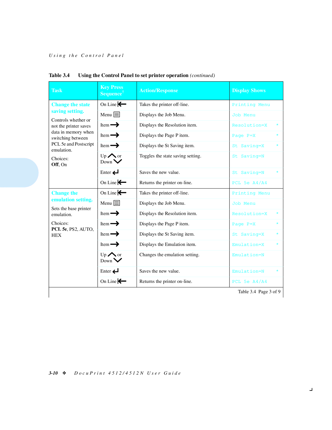 Xerox 4512N manual Change the state, Saving setting, Emulation setting 