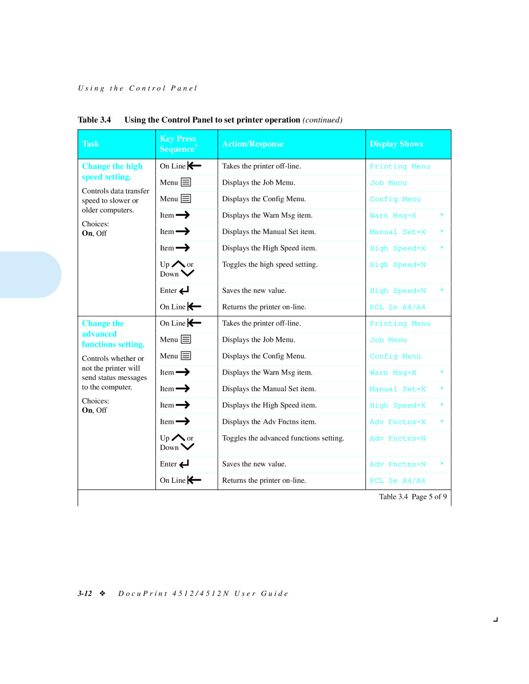 Xerox 4512N manual Change the high, Speed setting, Advanced, Functions setting 