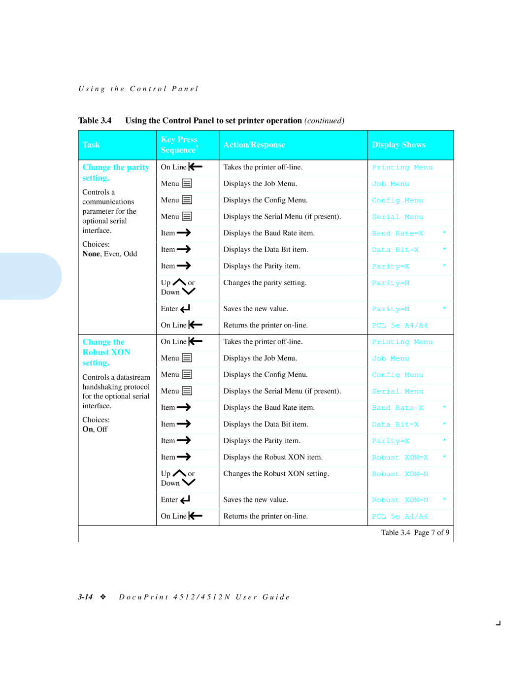 Xerox 4512N manual Change the parity, Robust XON 