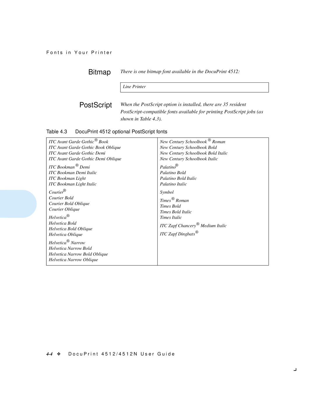 Xerox 4512N manual Bitmap PostScript, DocuPrint 4512 optional PostScript fonts 