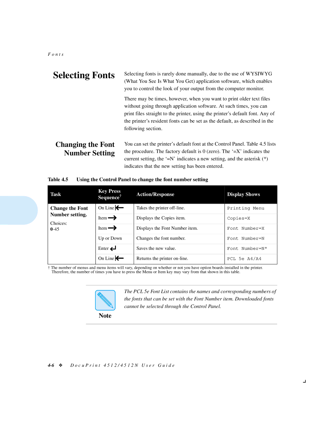 Xerox 4512 Selecting Fonts, Using the Control Panel to change the font number setting, Change the Font, Number setting 