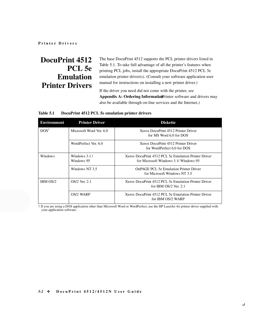 Xerox 4512N manual DocuPrint PCL 5e Emulation Printer Drivers, DocuPrint 4512 PCL 5e emulation printer drivers 