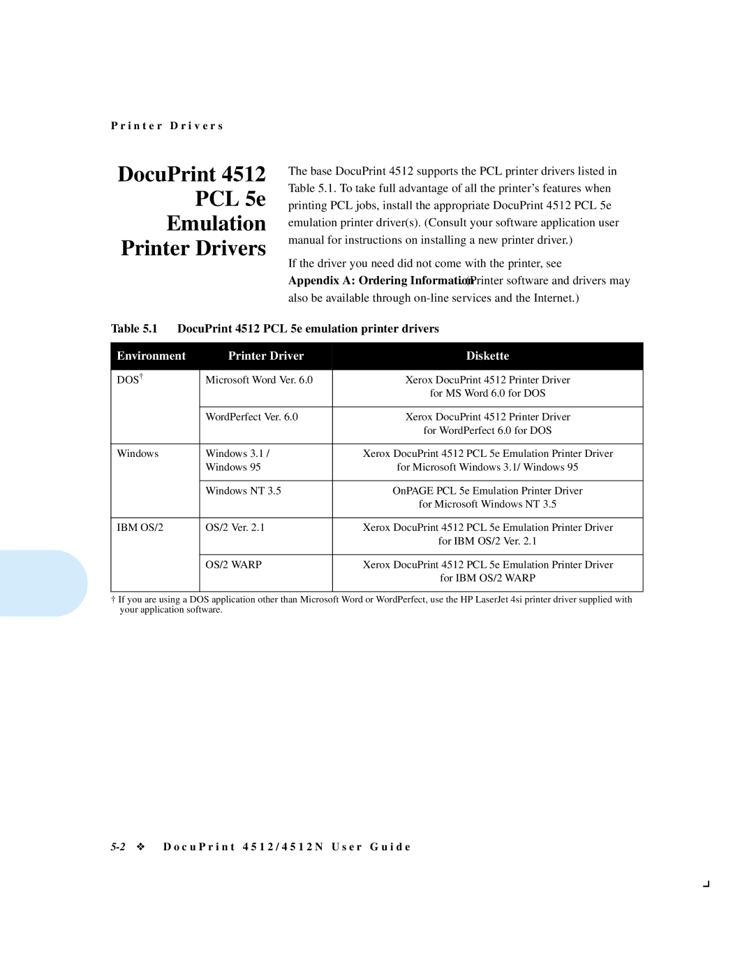 Xerox 4512N manual DocuPrint PCL 5e Emulation Printer Drivers 