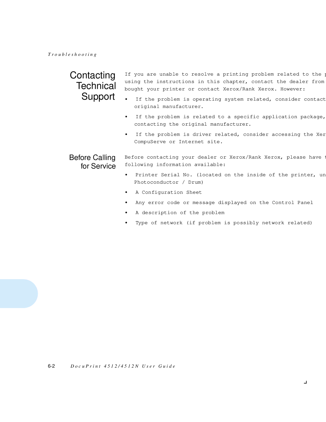 Xerox 4512N manual Contacting Technical Support, Before Calling for Service 