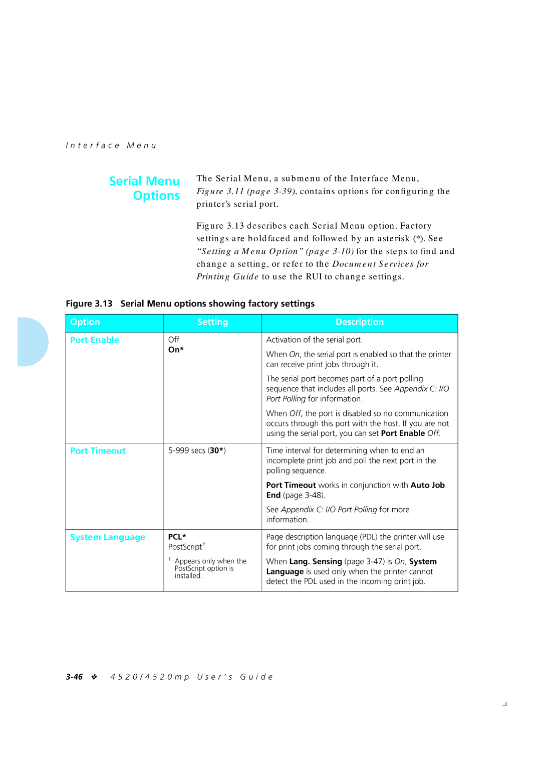 Xerox 4520mp manual Serial Menu Options 