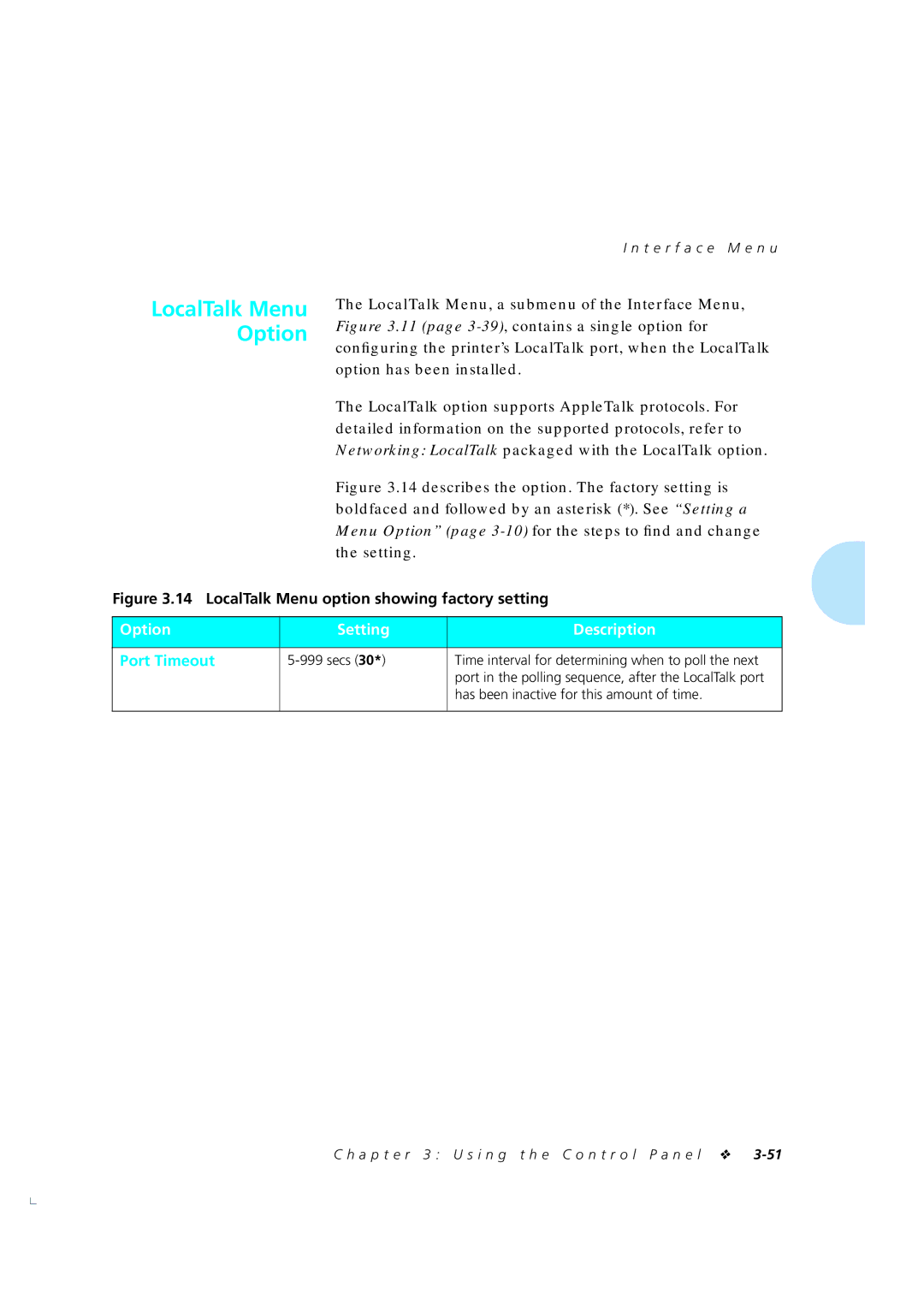 Xerox 4520mp manual LocalTalk Menu Option, Secs Time interval for determining when to poll the next 