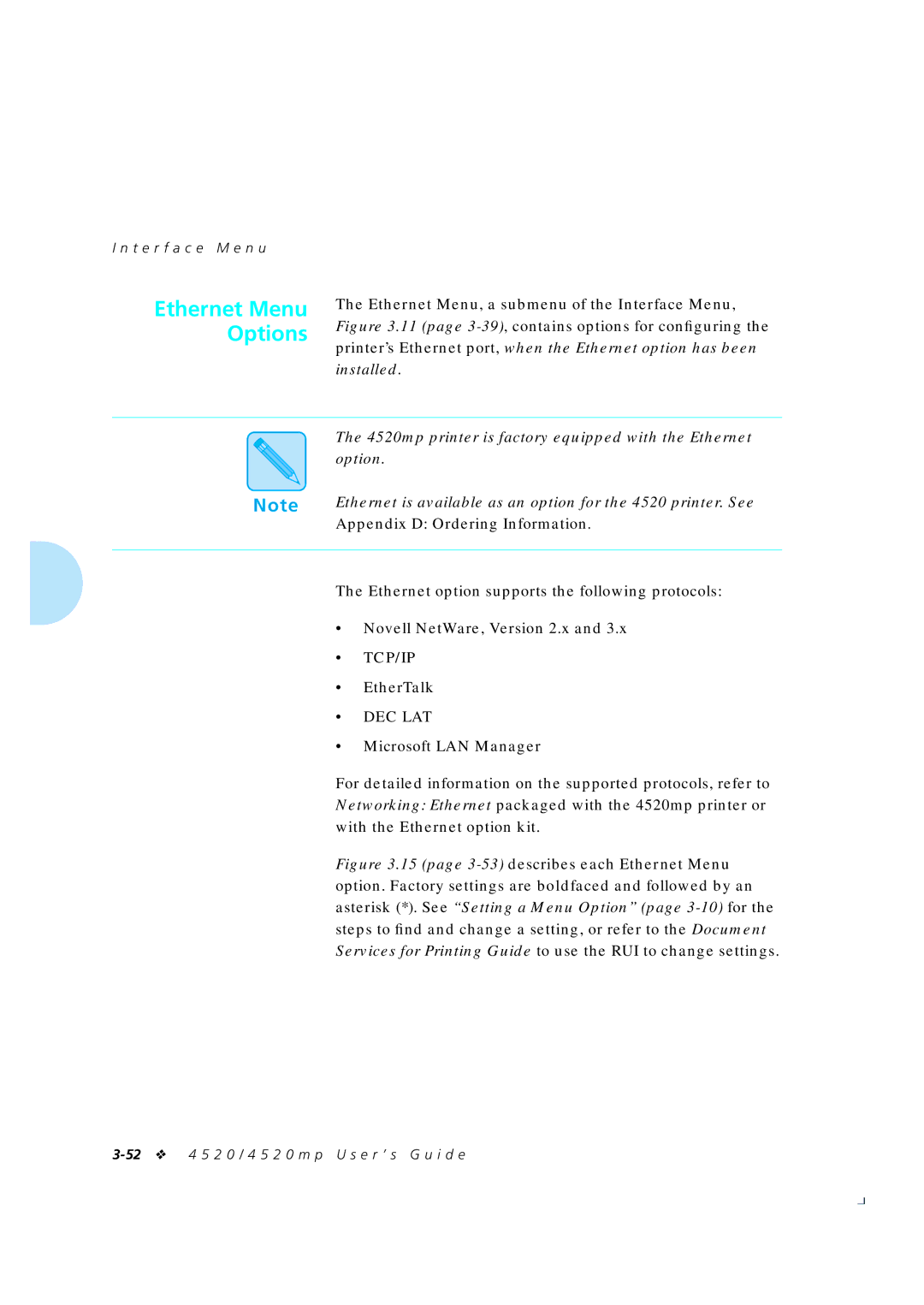 Xerox 4520mp manual Ethernet Menu Options, Dec Lat 