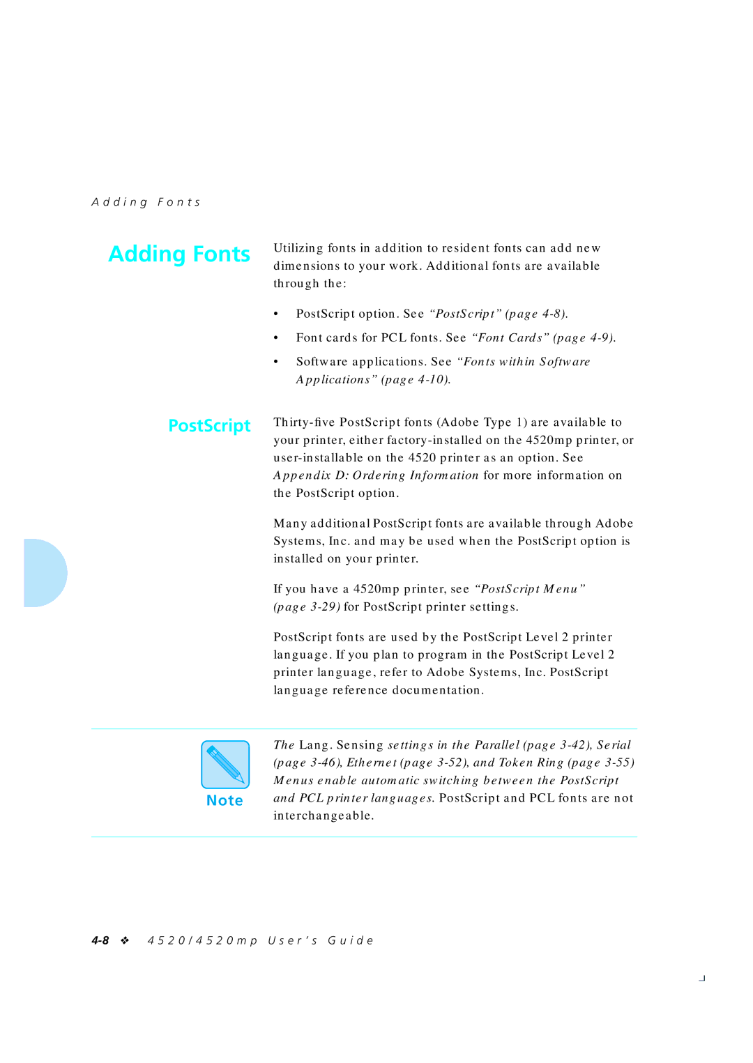 Xerox 4520mp manual Adding Fonts, PostScript 