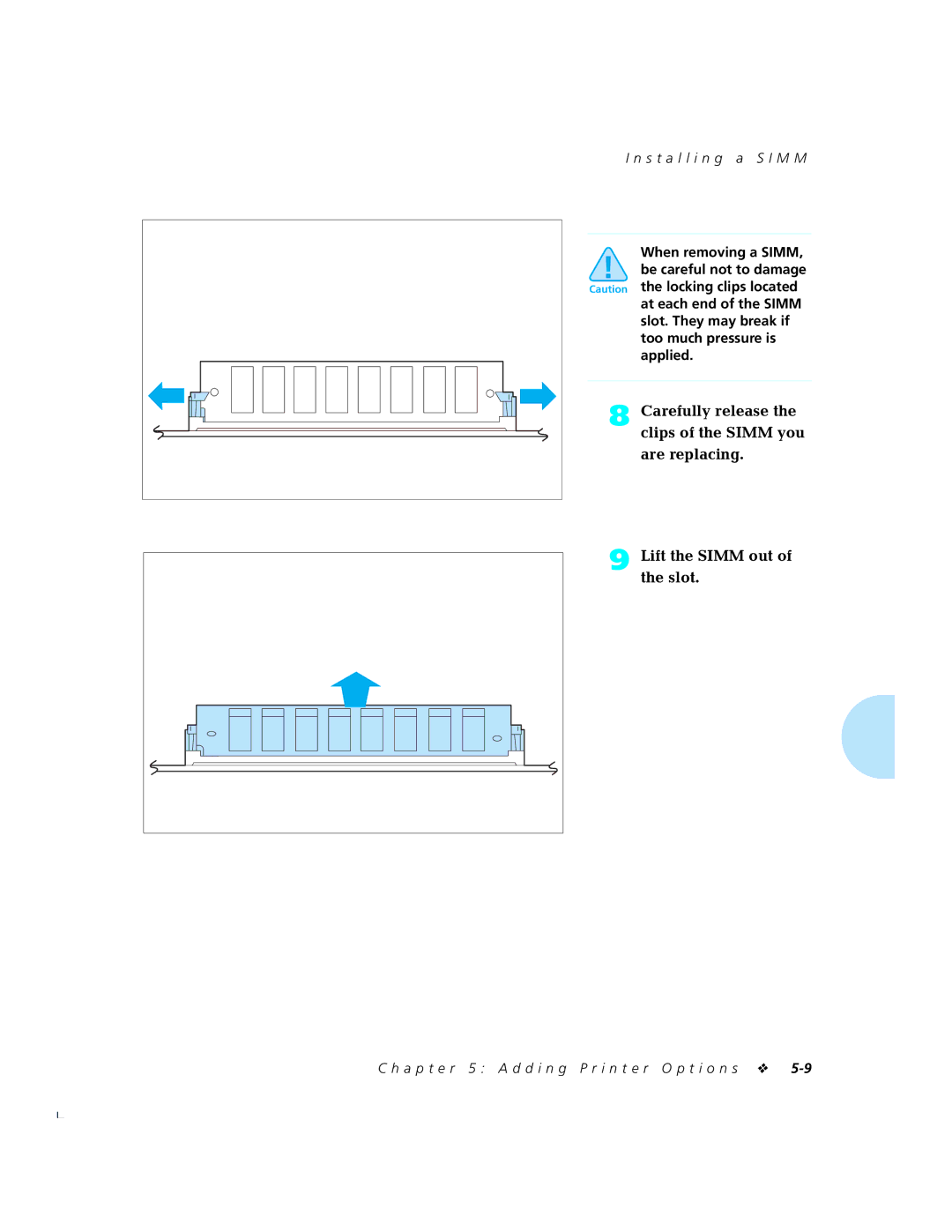 Xerox 4520mp manual Carefully release, Clips of the Simm you, Are replacing, Lift the Simm out of the slot 