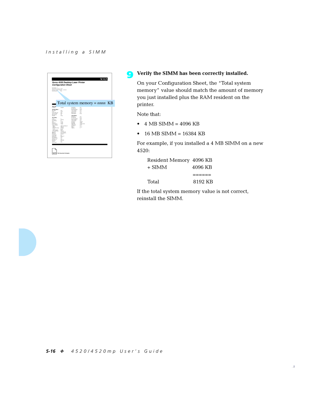 Xerox 4520mp manual Verify the Simm has been correctly installed, Total system memory = nnnn KB 