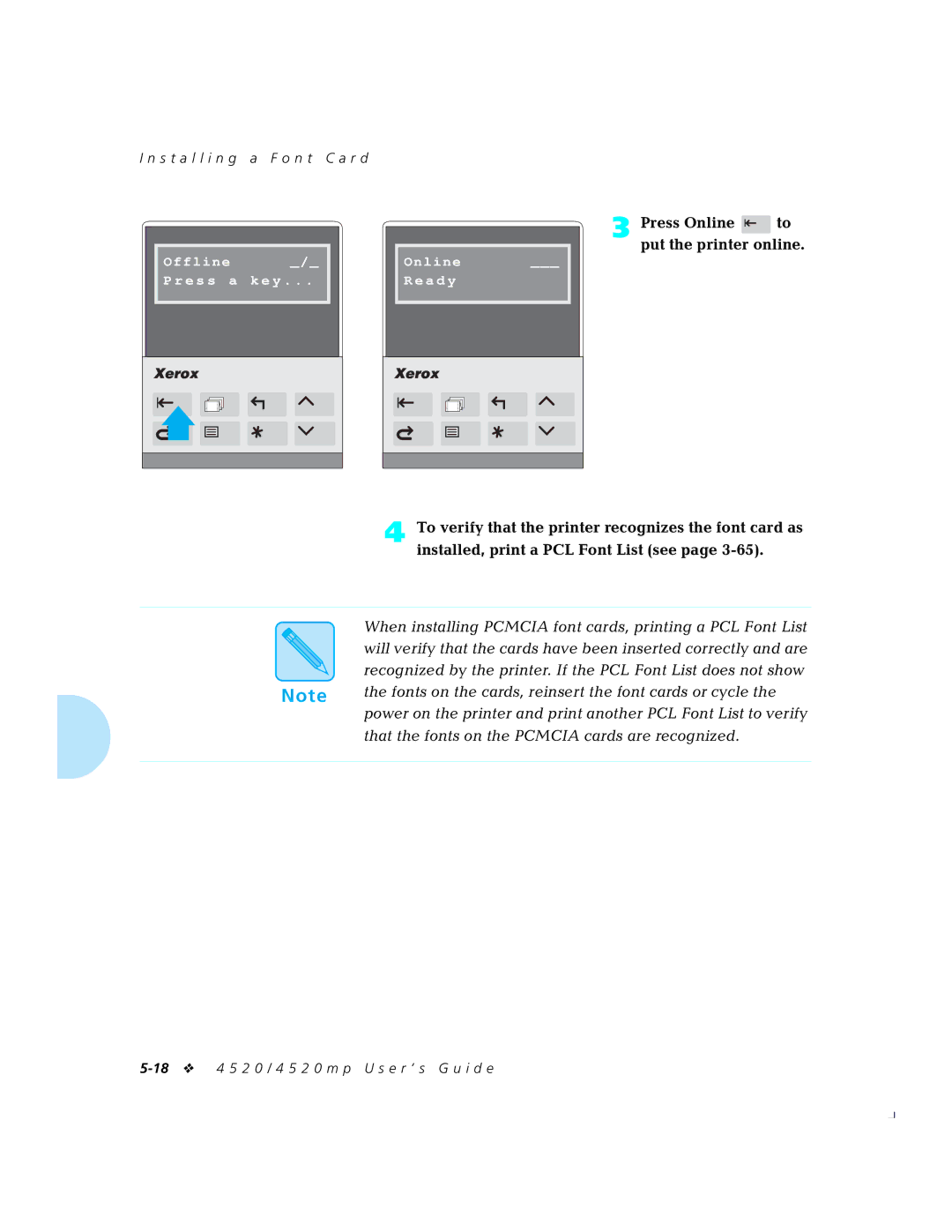 Xerox 4520mp manual When installing Pcmcia font cards, printing a PCL Font List 