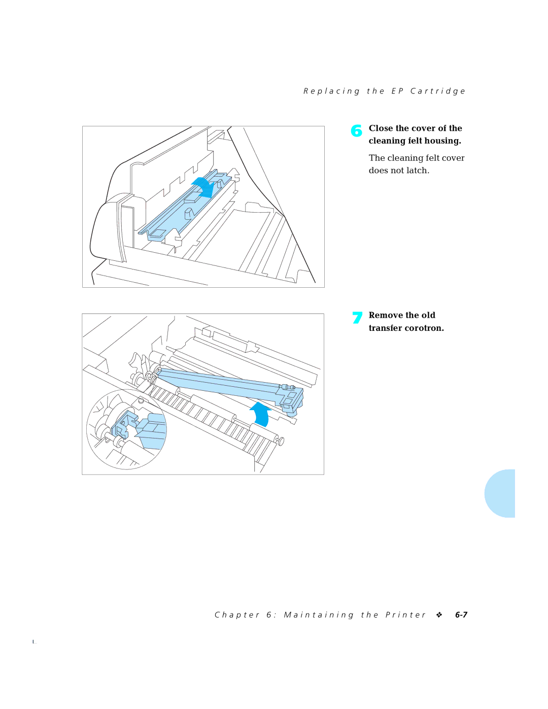 Xerox 4520mp manual Close the cover Cleaning felt housing, Remove the old Transfer corotron 