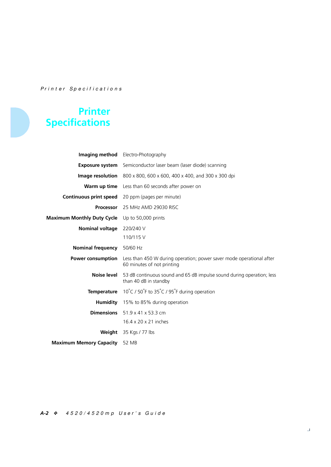 Xerox 4520mp manual Printer Speciﬁcations 