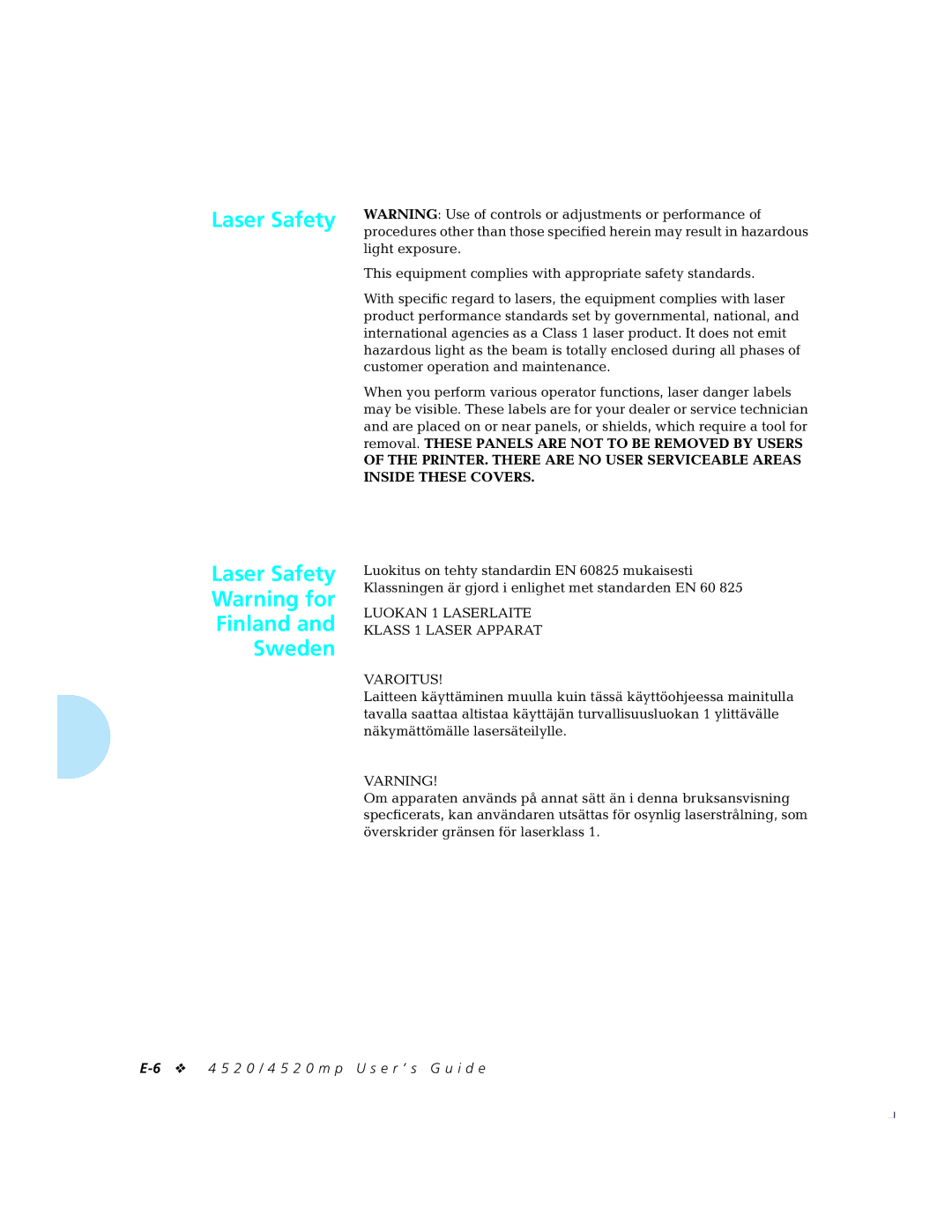 Xerox 4520mp manual Laser Safety Warning for Finland and Sweden 