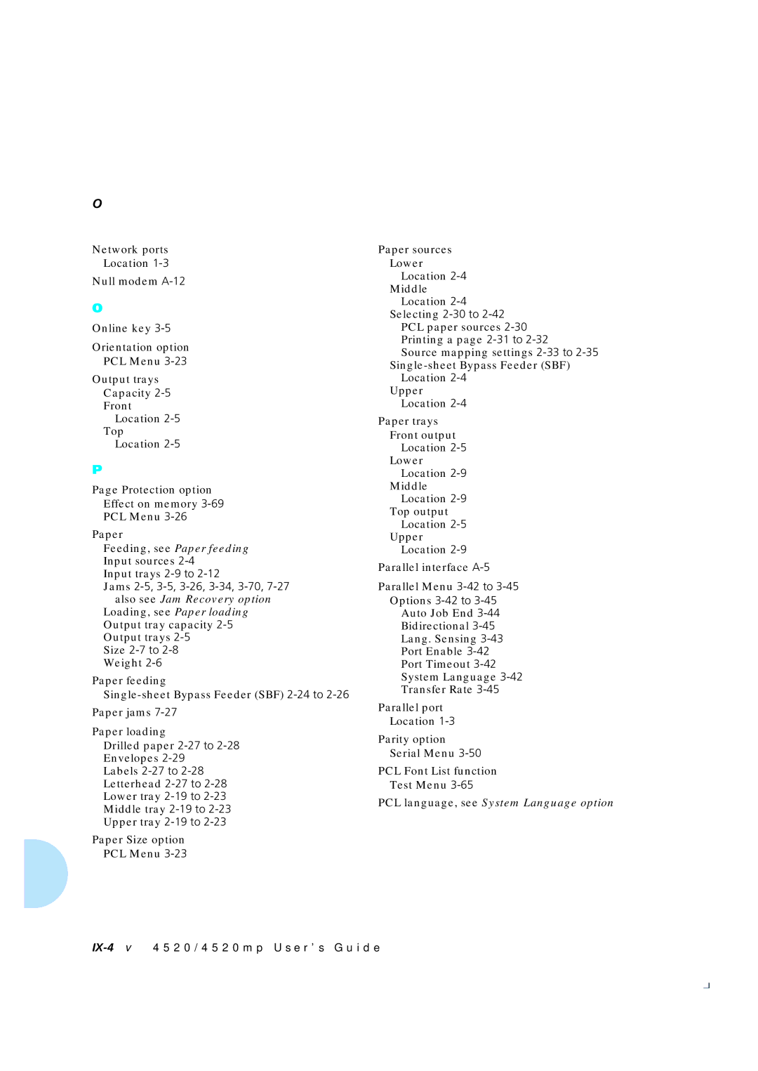 Xerox 4520mp manual Size 2-7 to, Labels 2-27 to Letterhead 2-27 to Lower tray 2-19 to, Upper tray 2-19 to, Options 3-42 to 