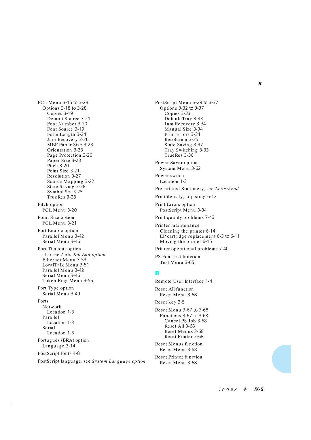 Xerox 4520mp manual PCL Menu 3-15 to Options 3-18 to, Options 3-32 to, Reset Menu 3-67 to Functions 3-67 to 