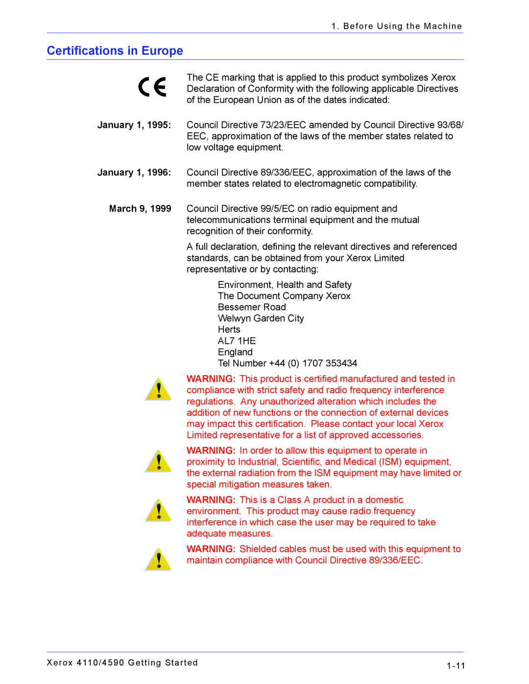 Xerox 4110, 4590 manual Certifications in Europe 