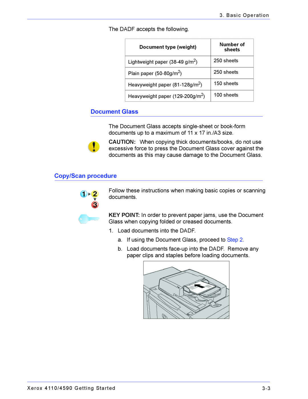Xerox 4110, 4590 manual Document Glass, Copy/Scan procedure 