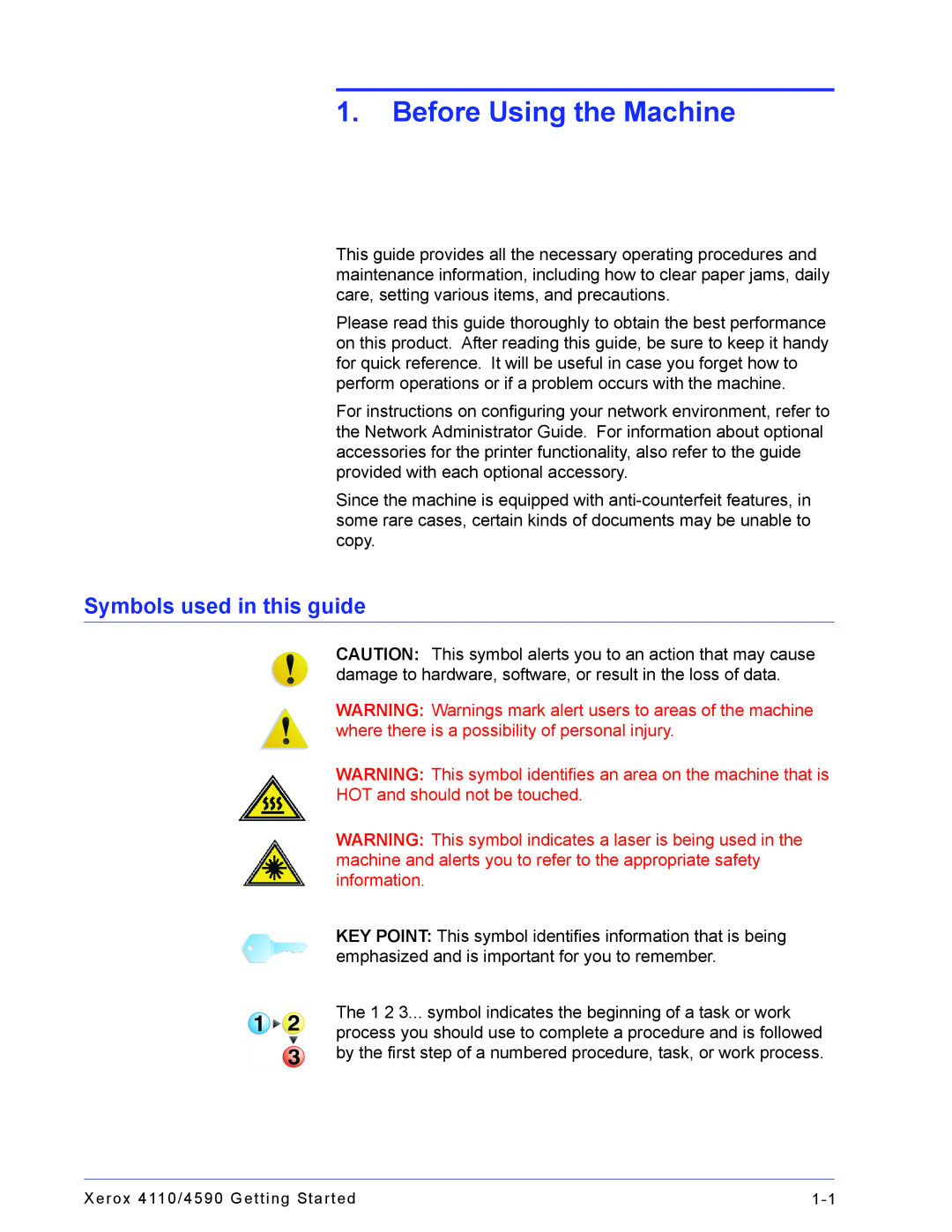Xerox 4110, 4590 manual Before Using the Machine, Symbols used in this guide, HOT and should not be touched 