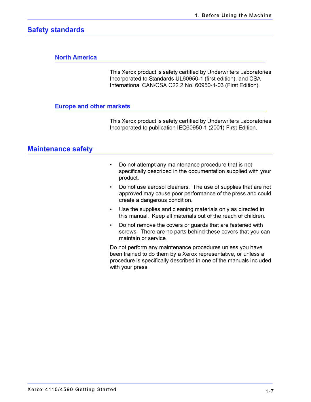 Xerox 4110, 4590 manual Safety standards, Maintenance safety 