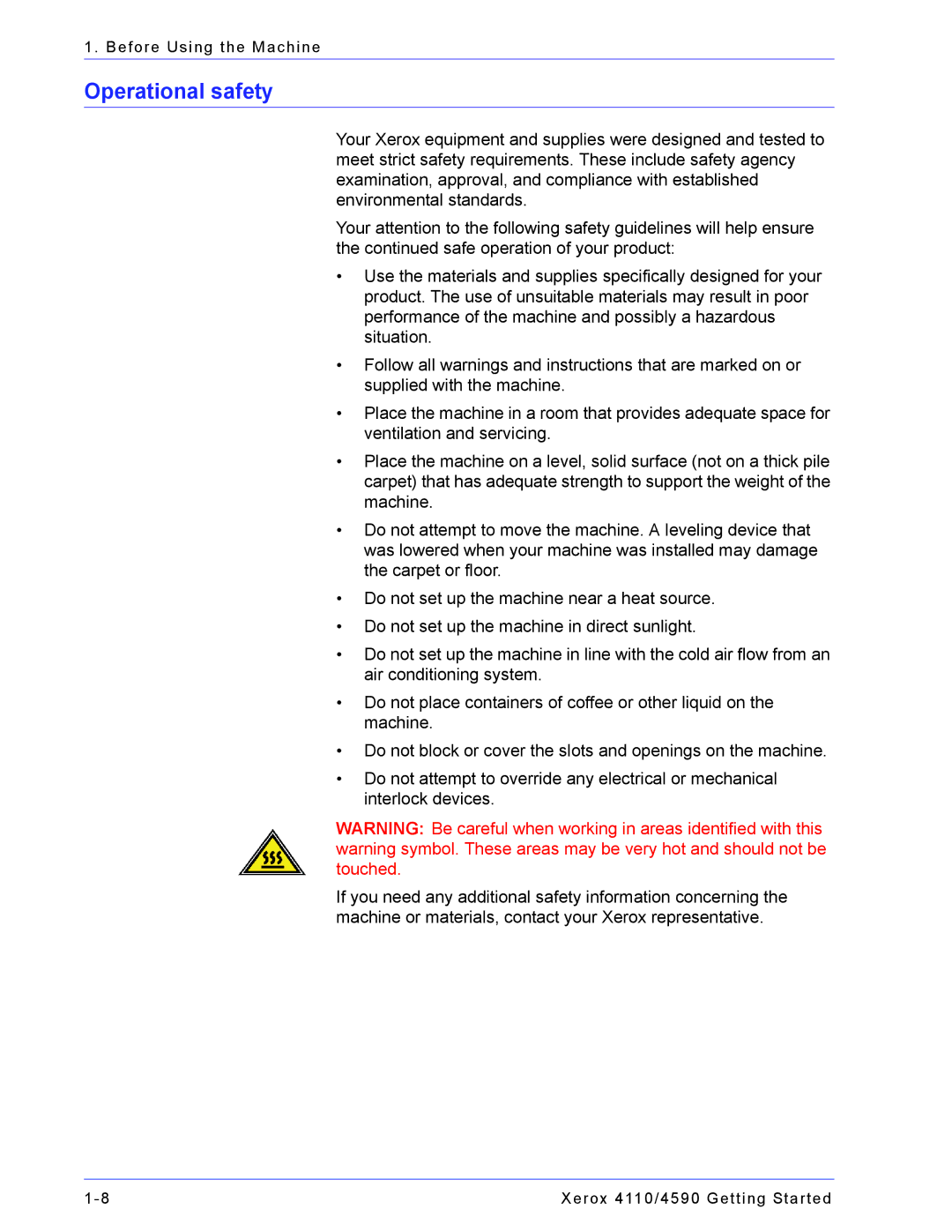 Xerox 4590, 4110 manual Operational safety 