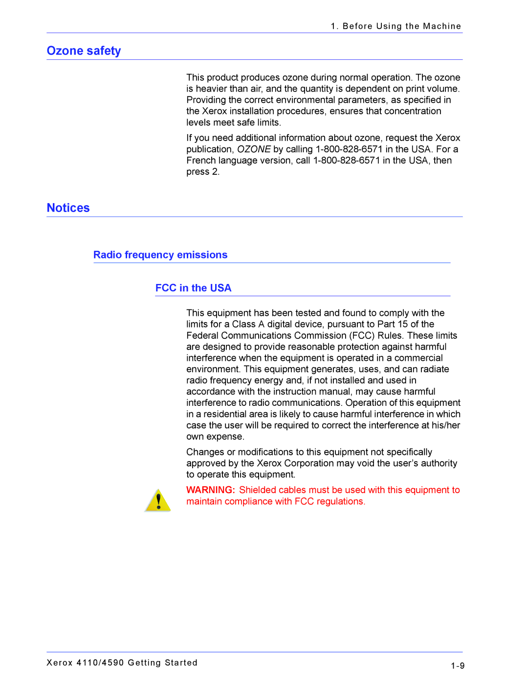 Xerox 4110, 4590 manual Ozone safety, Radio frequency emissions FCC in the USA 