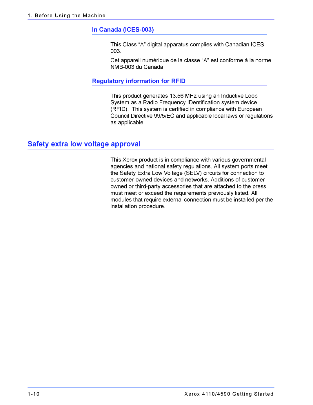 Xerox 4590, 4110 manual Safety extra low voltage approval, Canada ICES-003, Regulatory information for Rfid 