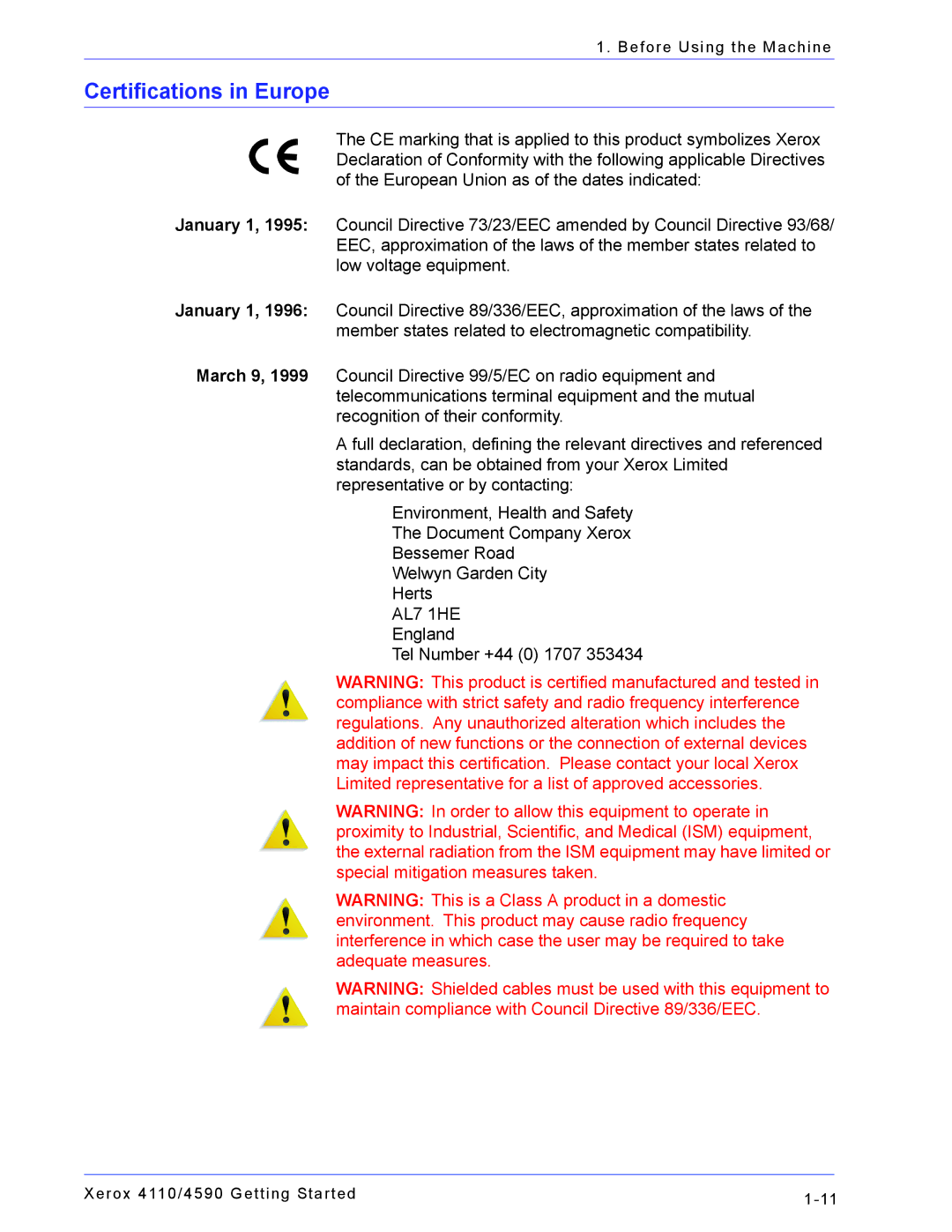 Xerox 4110, 4590 manual Certifications in Europe 