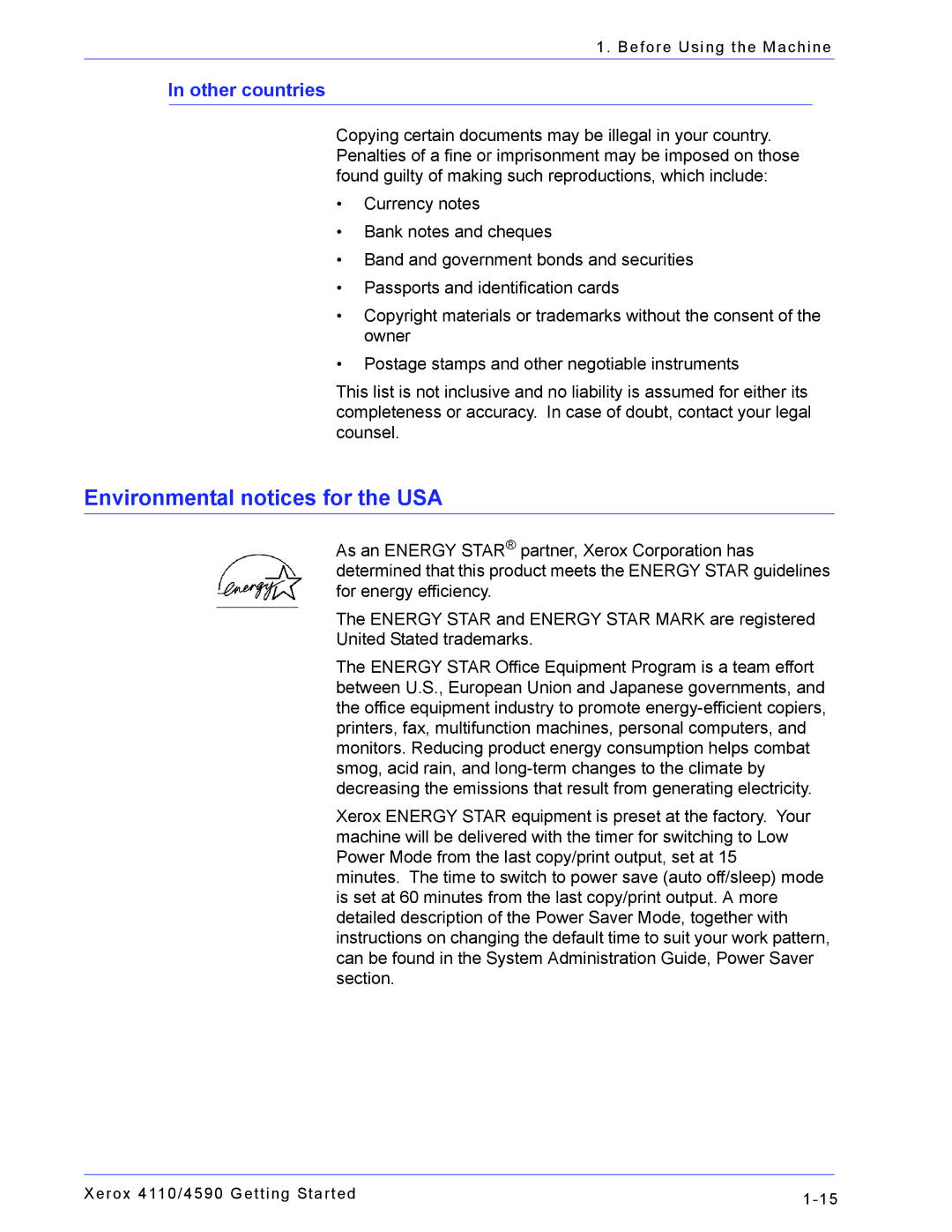 Xerox 4110, 4590 manual Environmental notices for the USA, Other countries 