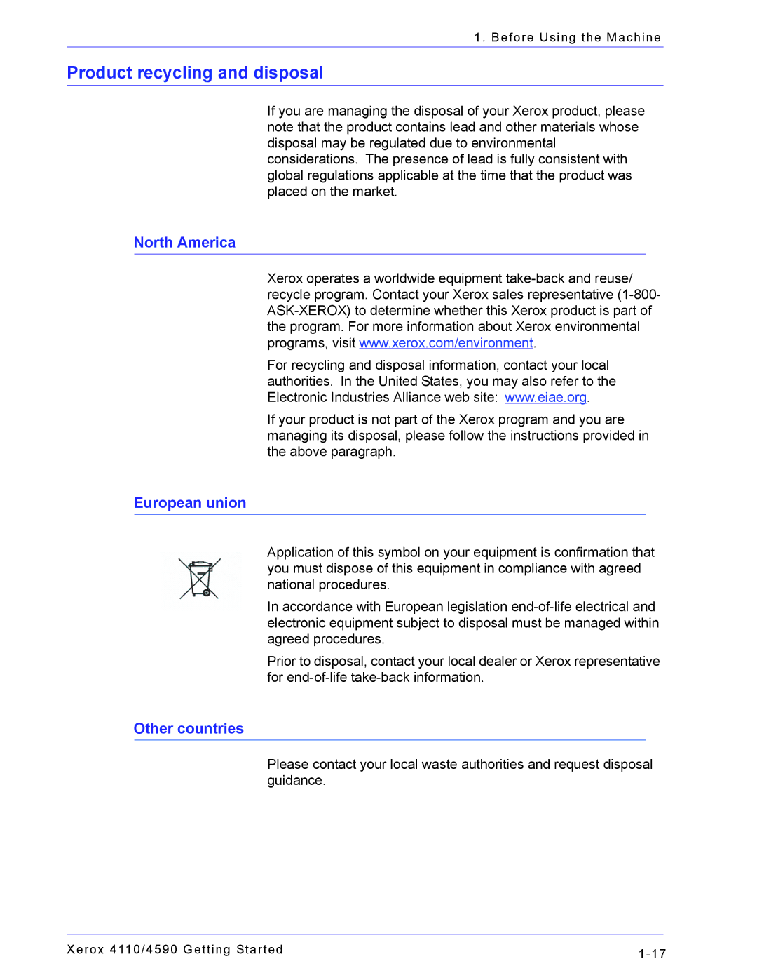 Xerox 4110, 4590 manual Product recycling and disposal, European union 